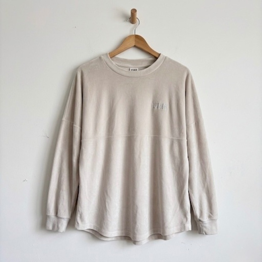 PINK Victoria's Secret Velour Spirit Jersey‎ Sweatshirt Beige XS Oversized Logo